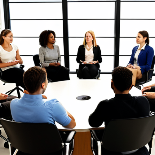 Home 7 **"Active listening circle workplace. Diverse team, engaged expressions, leader facilitating with empathy, soft natural lighting, modern office space."** (Focus: Illustrates the "listening circles" concept and active listening.)