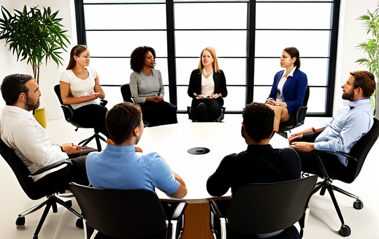 **"Active listening circle workplace. Diverse team, engaged expressions, leader facilitating with empathy, soft natural lighting, modern office space."** (Focus: Illustrates the "listening circles" concept and active listening.)