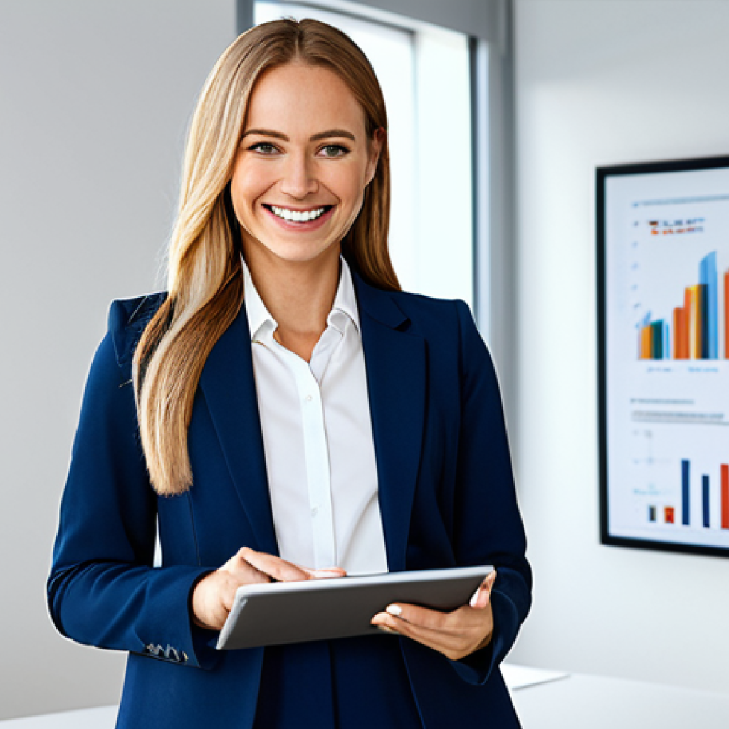 "A confident businesswoman in a professional, modest business suit, standing in a bright, modern office. She is smiling warmly, holding a tablet displaying data charts. Fully clothed, appropriate attire, safe for work, perfect anatomy, natural proportions, professional portrait, family-friendly, high quality."