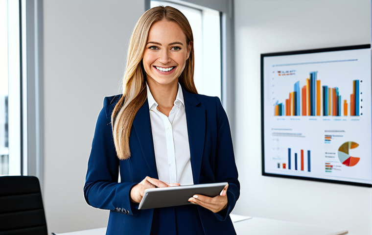 "A confident businesswoman in a professional, modest business suit, standing in a bright, modern office. She is smiling warmly, holding a tablet displaying data charts. Fully clothed, appropriate attire, safe for work, perfect anatomy, natural proportions, professional portrait, family-friendly, high quality."