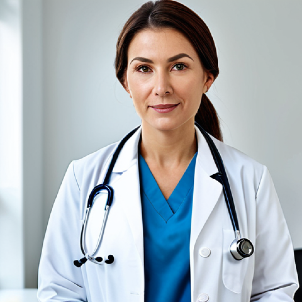 **

"A female doctor in a clean, bright hospital office, wearing a professional white coat and stethoscope, fully clothed, appropriate attire, safe for work, perfect anatomy, correct proportions, natural pose, professional medical photography, high quality, modest."

**