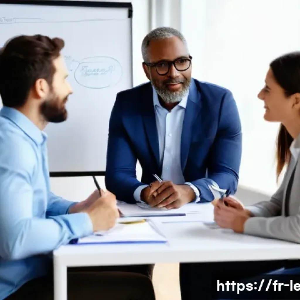 리더십 코치 전문성 강화 - A professional coaching session in a modern French office setting, featuring a diverse group of adul...