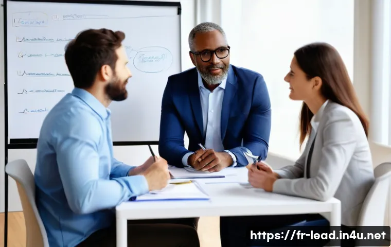 리더십 코치 전문성 강화 - A professional coaching session in a modern French office setting, featuring a diverse group of adul...