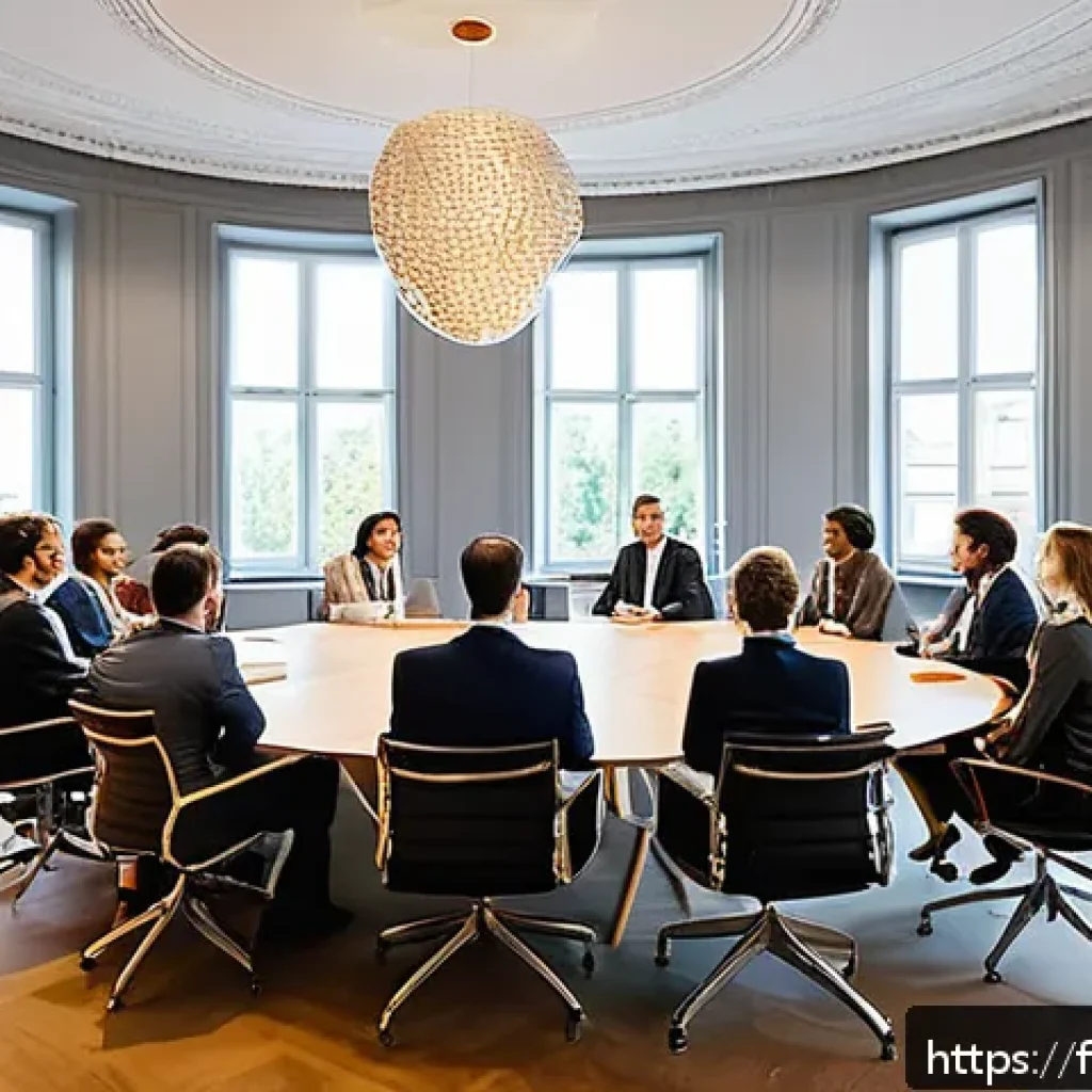 리더십 코칭의 사례와 실제 - A modern, bright office setting with a diverse team of professionals engaged in a &ldquo;talking circle&rdquo; m...