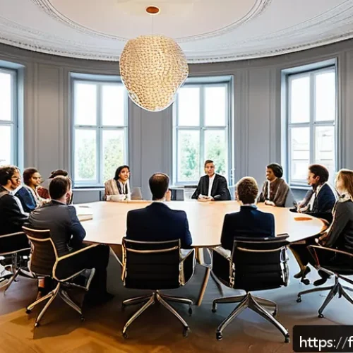 리더십 코칭의 사례와 실제 - A modern, bright office setting with a diverse team of professionals engaged in a &ldquo;talking circle&rdquo; m...