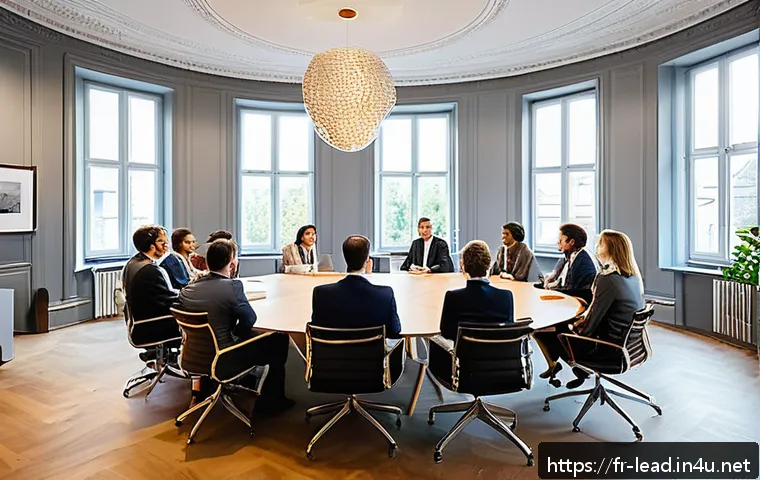리더십 코칭의 사례와 실제 - A modern, bright office setting with a diverse team of professionals engaged in a &ldquo;talking circle&rdquo; m...