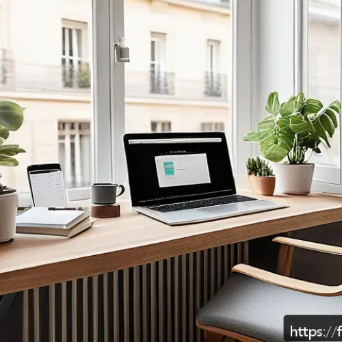 업무 일지와 업무 개선 - A modern French home office bathed in natural light with a minimalist desk setup featuring a laptop ...