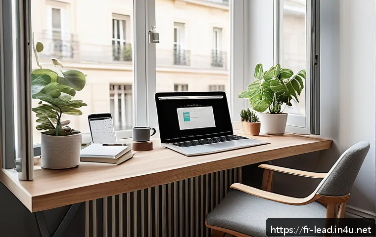 업무 일지와 업무 개선 - A modern French home office bathed in natural light with a minimalist desk setup featuring a laptop ...